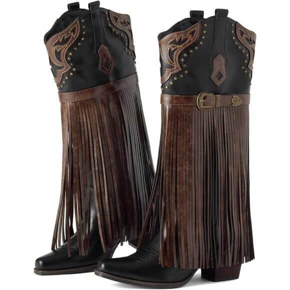 ⚡Women's Brown Fringe Embroidered Western Knee High Cowgirl Boots Chunky Heel - Picture 2 of 6